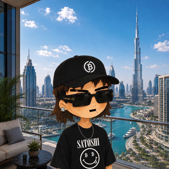 A stylized cartoon character wearing a Bitcoin-logo cap, sunglasses, and a "SATOSHI" t-shirt with a smiley face stands on a luxury balcony overlooking Dubai's skyline featuring the Burj Khalifa. The image complements the "GM CT, Happy Wednesday" post by showcasing a crypto-themed avatar embracing the upbeat, positive vibe of the message.