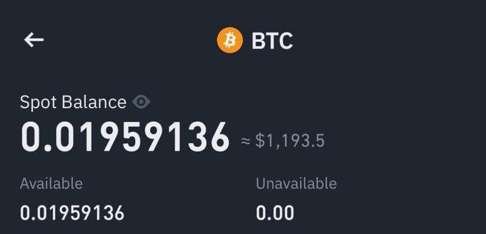 This image shows a spot balance of 0.01959136 BTC, valued at approximately $1,193.5, which relates to the giveaway announcement of 0.01 $BTC.