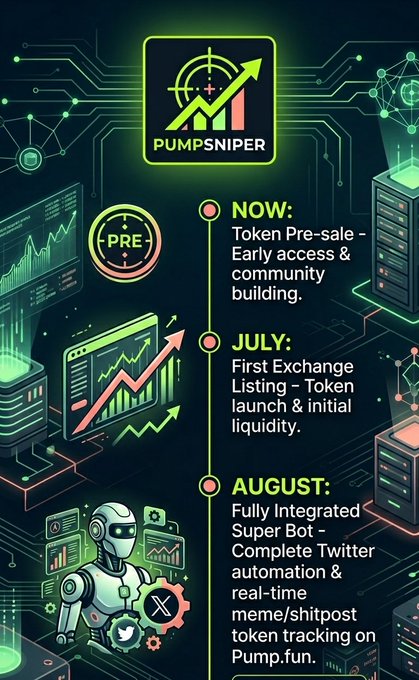 The image features a poster for PumpSniper, which is an online marketplace that allows users to buy and sell cryptocurrencies like Bitcoin. The poster displays a timeline of the company's goals and milestones, including the launch of their platform and the creation of a community around it. The timeline shows that the platform was launched in August 2016 with the goal of creating a full ecosystem for real-time transactions and smart contracts. The image also includes a robot and other symbols related to cryptocurrency technology.