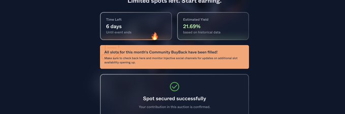 A confirmation screen showing a successful INJ Community Buyback spot with "6 days" remaining until the event ends, an estimated yield of 21.69% based on historical data, and a "Spot secured successfully" message indicating the user's contribution has been confirmed in the auction.