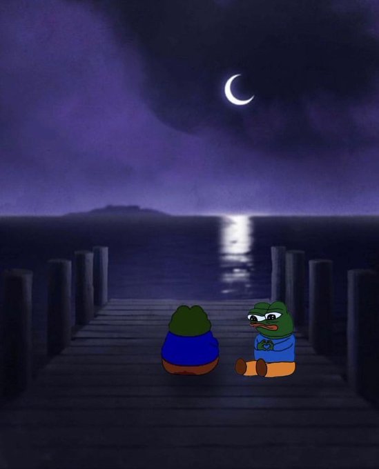 A parody illustration showing Pepe the Frog and his friend sitting on a wooden dock under a crescent moon, recreating a melancholic nighttime seaside scene.