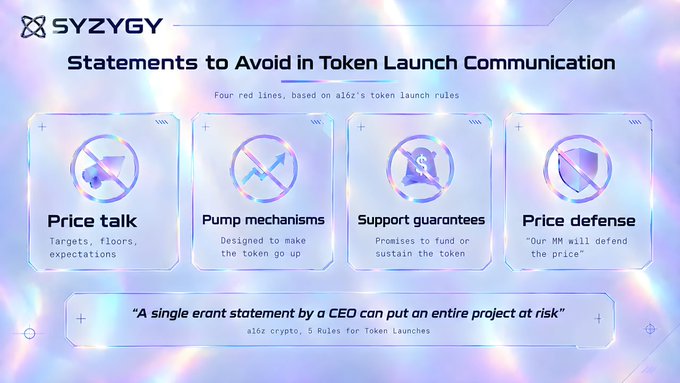 An infographic from SYZYGY titled 'Statements to Avoid in Token Launch Communication,' listing four red lines: 'Price talk', 'Pump mechanisms', 'Support guarantees', and 'Price defense', based on a16z crypto's 5 Rules for Token Launches.