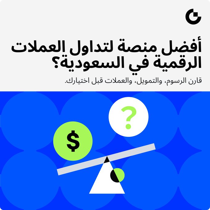 An Arabic-language promotional graphic asking 'What is the best platform for digital currency trading in Saudi Arabia?' with an illustration of a balance scale weighing a dollar sign and a question mark.