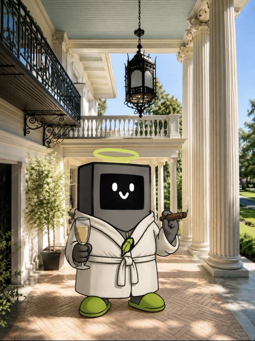 An animated gray robot character wearing a white bathrobe, green slippers, and a yellow halo stands on a grand columned porch, holding a champagne glass and a cigar.