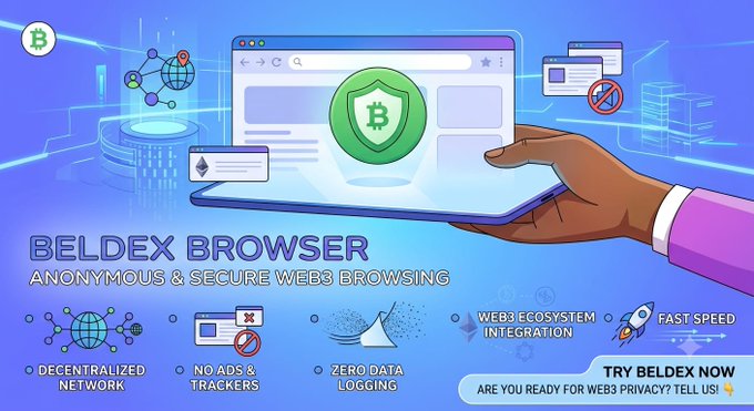 An advertisement for 'BELDEX BROWSER' promoting anonymous and secure Web3 browsing with features like decentralized network, no ads, and zero data logging.