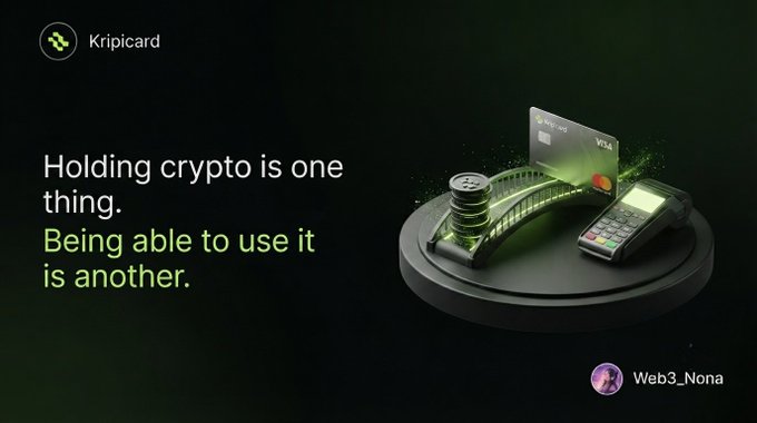 A promotional graphic for Kripicard with the text 'Holding crypto is one thing. Being able to use it is another,' showing a card bridging coins and a payment terminal.