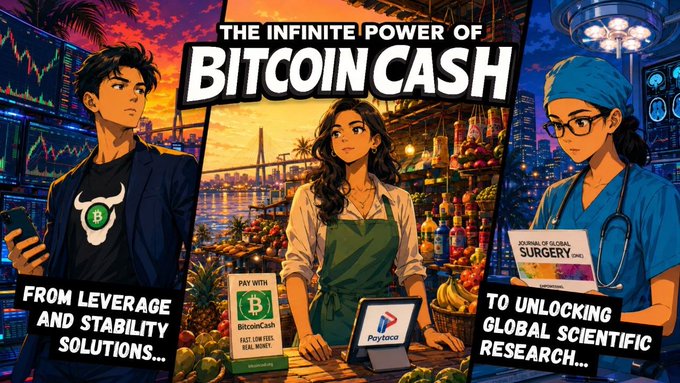 An anime-style promotional graphic titled "THE INFINITE POWER OF BITCOIN CASH" showing three characters: a man in a suit labeled "FROM LEVERAGE AND STABILITY SOLUTIONS...," a woman at a market with Bitcoin Cash signage, and a surgeon labeled "TO UNLOCKING GLOBAL SCIENTIFIC RESEARCH..."