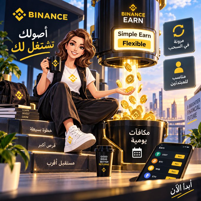 A stylized woman holding a Binance-branded mug sits beside a glowing "Simple Earn Flexible" capsule pouring gold coins into a bucket, surrounded by Arabic text promoting daily rewards, flexible withdrawals, and beginner-friendly access via the Binance app. The vibrant digital illustration reinforces the post's message by visually emphasizing easy, flexible asset growth with Binance Earn's Simple Earn Flexible product.