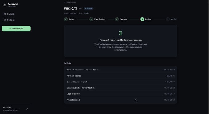 Screenshot of the PeniWallet dashboard showing the "WIKI CAT" project status as "Payment received, Review in progress," with an activity log confirming payment approval and review initiation on 11 Jul, matching the user's submission of the $100 verification payment for Wiki Cat.
