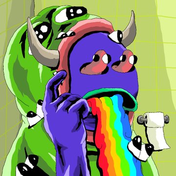 A cartoon illustration of a multi-eyed purple monster wearing a green hoodie, vomiting a rainbow stream while holding a roll of toilet paper.