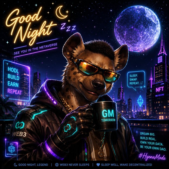 A cyberpunk-style 'Good Night' NFT/Web3 illustration of a hyena wearing sunglasses and holding a 'GM Tomorrow' mug, with text like 'SEE YOU IN THE METAVERSE', 'HODL BUILD EARN REPEAT', and '#HyenaMode'.