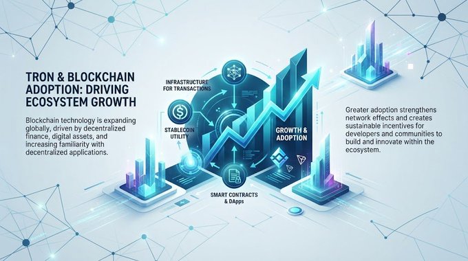An infographic titled 'TRON & BLOCKCHAIN ADOPTION: DRIVING ECOSYSTEM GROWTH' displays stylized 3D bar graphs alongside labeled elements like 'INFRASTRUCTURE FOR TRANSACTIONS,' 'STABLECOIN UTILITY,' 'SMART CONTRACTS & DApps,' and 'GROWTH & ADOPTION.'