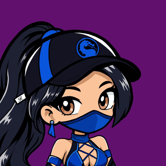 A digital anime-style illustration of a female character wearing a black and blue cap featuring the Mortal Kombat dragon logo, a blue face mask, and matching blue clothing against a purple background.