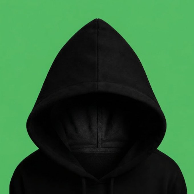 The image is a solid black hoodie against a green background. The accompanying post speaks to a digital trend where individuals adopt hooded figures as profile pictures for online communities, humorously referencing various animals and internet culture icons (like "Degens" and "Apes in hood") alongside the mention of the financial app Robinhood. The "PFP" likely refers to a profile picture in digital spaces, indicating a call to action to join a virtual "cult" centered around hooded figures in various forms.