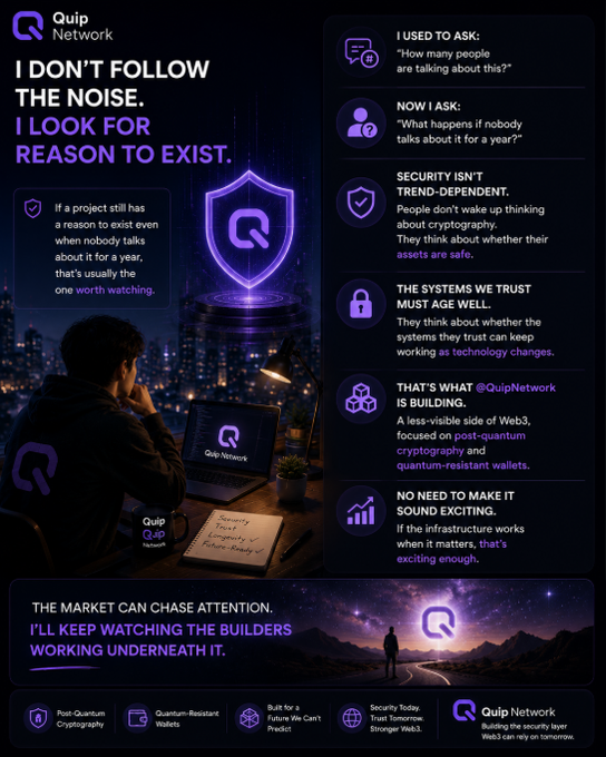 Quip Network promotional graphic stating 'I DON'T FOLLOW THE NOISE. I LOOK FOR REASON TO EXIST,' highlighting post-quantum cryptography, quantum-resistant wallets, and building security for tomorrow's Web3.
