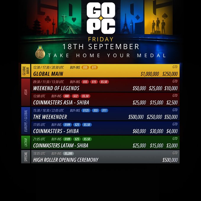 A poker tournament schedule poster for 'GO PC FRIDAY 18TH SEPTEMBER' listing events including Global Main ($1,000,000 GTD), Weekend of Legends, The Weekender, and various Coinmasters Shiba events across regions.