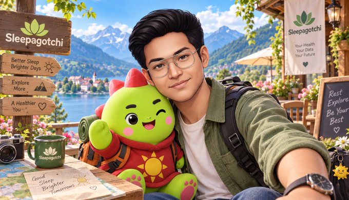 An AI-generated image of a young man with glasses posing with a cute green plant-like creature wearing a backpack, surrounded by 'Sleepagotchi' branded signs and merchandise.
