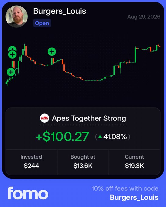 A Fomo app trading screenshot showing user 'Burgers_Louis' with a profit of +$100.27 (+41.08%) on the AMC 'Apes Together Strong' position, with an invite code 'Burgers_Louis' for 10% off fees.