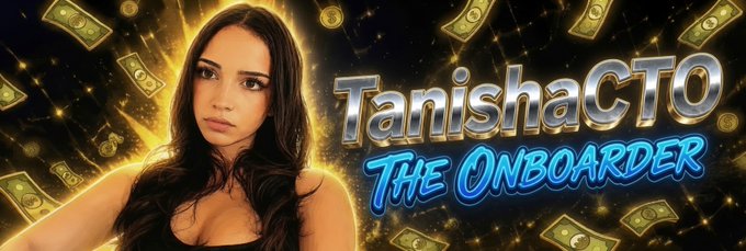 A promotional banner featuring a woman with the text "TanishacTO The Onboarder" set against a background of falling money bills.