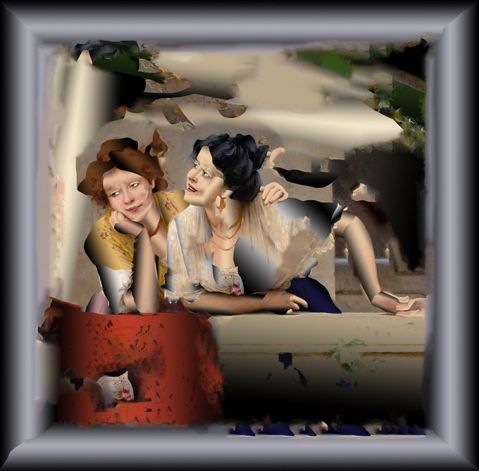 The image presents a digitally altered, painterly-framed composition featuring two stylized women with vintage hairstyles posing together, rendered with fragmented, glitch-like artistic distortions throughout.

The accompanying post references an OpenSea/Objkt token URL, suggesting this image is promotional artwork for an NFT collectible, with the fragmented, abstract visual style reflecting the experimental nature typical of digital generative art pieces sold on such platforms.