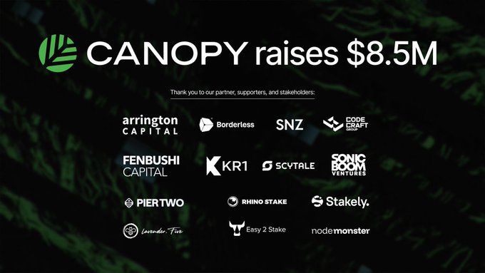 An announcement graphic reading 'CANOPY raises $8.5M' over a dark green forest background, thanking partners, supporters, and stakeholders with logos including Arrington Capital, Borderless, SNZ, Fenbushi Capital, KR1, and others.