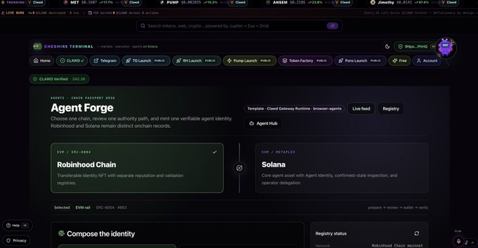 Screenshot of the Chainshine Terminal interface showing an 'Agent Forge' page with options for Robinhood Chain and Solana, displaying crypto ticker prices like LIVE BNB, MNT, PUMP, and ANSEM at the top.