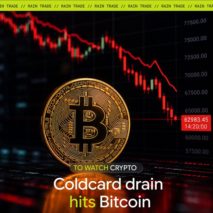 A golden Bitcoin coin sits in front of a red candlestick chart showing BTC's price declining to $62,983.45, with the headline "Coldcard drain hits Bitcoin" referencing a security exploit that reportedly drained $38-40 million from around 500 Coldcard wallet users, triggering the market drop.