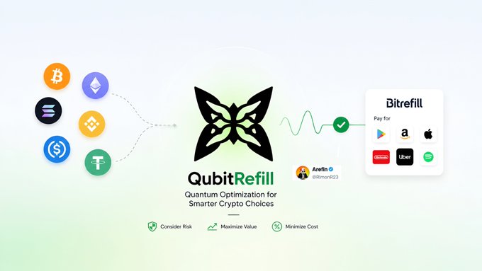 The image features a poster for QubitRefill, which is an app that helps users optimize their cryptocurrency spending by providing real-time information about different cryptocurrencies' prices and market trends. The poster includes various symbols representing different cryptocurrencies such as Bitcoin, Ethereum, Ripple, Litecoin, and others. It also displays the words "Quantum Optimization" and "Smart Crypto Choices", indicating how QubitRefill uses optimization techniques to help users make informed decisions when it comes to spending their cryptocurrency.

The poster is set against a white background with green text that reads "Focus on what is in the image and how it relates to the post". This suggests that the main focus of the poster is to showcase the app's features, while also providing information about its purpose and how it can be used by users.