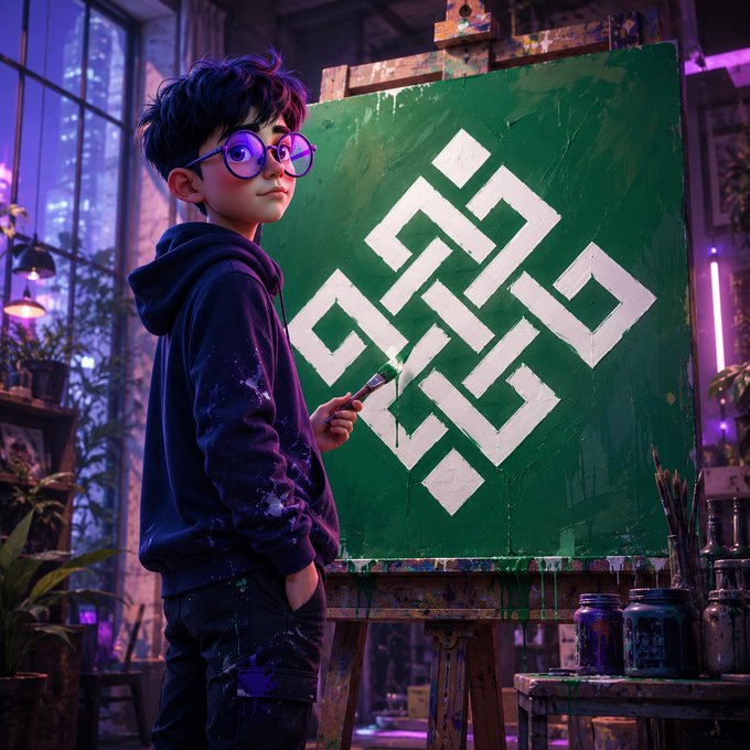 A young bespectacled artist in a paint-splattered hoodie stands before an easel in a neon-lit studio, holding a brush beside a large green canvas featuring a bold white geometric "ritual" knot symbol, echoing the occult-themed branding of @ritualnet referenced in the caption's pledge of allegiance.