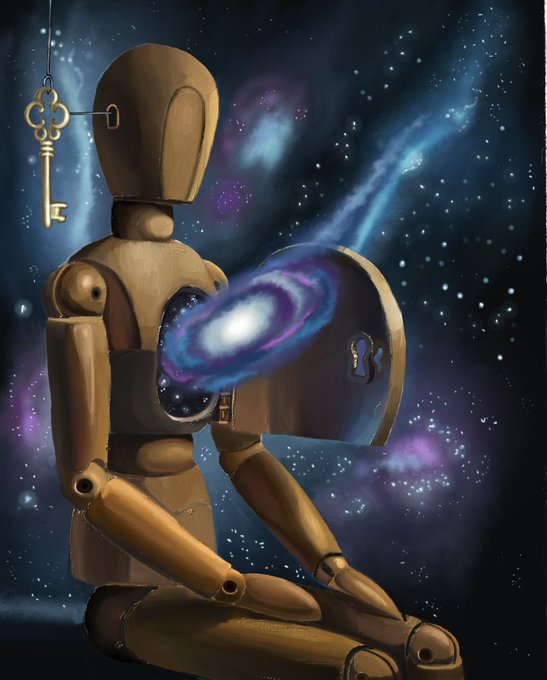 A wooden artist's mannequin sits against a starry cosmic backdrop, with its chest cavity open to reveal a swirling galaxy inside, while a floating golden key hovers nearby. The image visually embodies the post's theme of unlocking an "Infinite Interior," with the key and the galaxy within the mannequin suggesting that discovery and imagination await those willing to "open the first door."