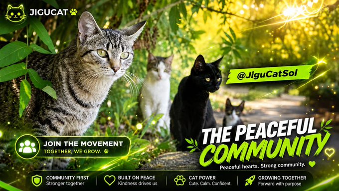 A promotional graphic for 'JIGUCAT' (@JiguCatSol) featuring several cats in a forest setting with text reading 'THE PEACEFUL COMMUNITY' and 'JOIN THE MOVEMENT - TOGETHER, WE GROW.' along with taglines like 'COMMUNITY FIRST' and 'CAT POWER.'