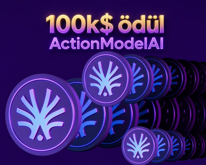 A promotional graphic featuring stacks of purple 'ActionModelAI' tokens with text reading '100k$ ödül', indicating a prize pool for a Turkish giveaway or contest.