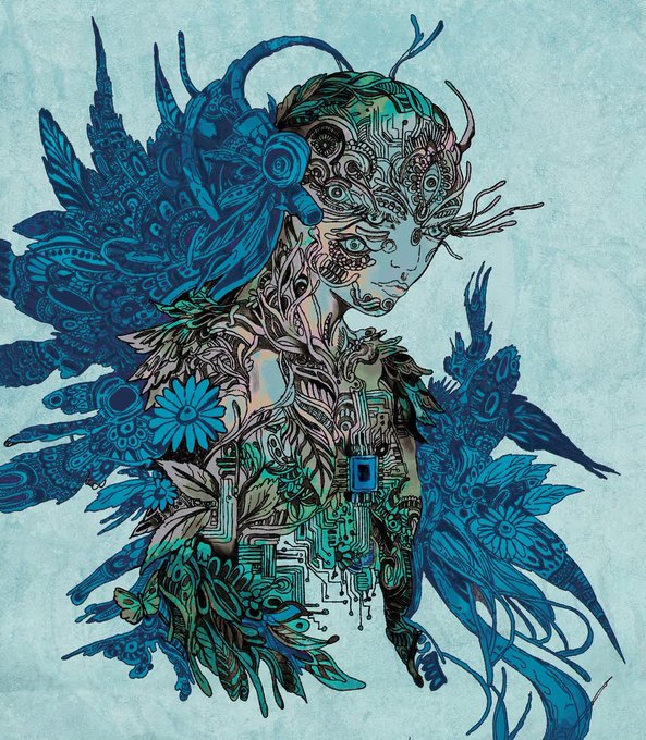 A detailed blue and green illustration of a biomechanical female figure with intricate circuit-like patterns, feathers, and floral elements on a light blue background.