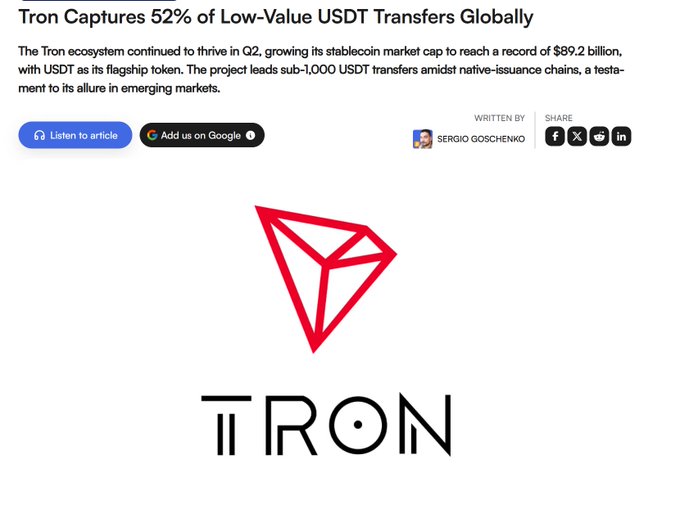 A news headline reading 'Tron Captures 52% of Low-Value USDT Transfers Globally' by Sergio Goschenko, accompanied by the red TRON cryptocurrency logo.