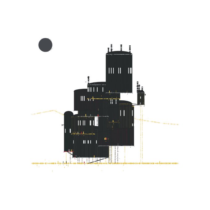 Minimalist digital artwork depicting dark cylindrical buildings with lit windows and antenna structures, alongside a dark circular shape resembling a moon or sun on a white background.