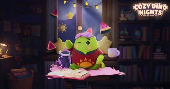 A 3D-rendered illustration titled 'COZY DINO NIGHTS' showing a green cartoon dinosaur with a purple mane sitting at a table holding a book and a mug of tea, surrounded by cozy room details like string lights and bookshelf.