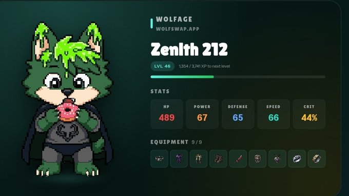 A game-style character profile screen for "WOLFACE" on wolfswap.app showing a pixel-art wolf character named Zenith 212 at LVL 46 with stats (HP 489, Power 67, Defense 65, Speed 66, Crit 44%) and 9/9 equipment slots.