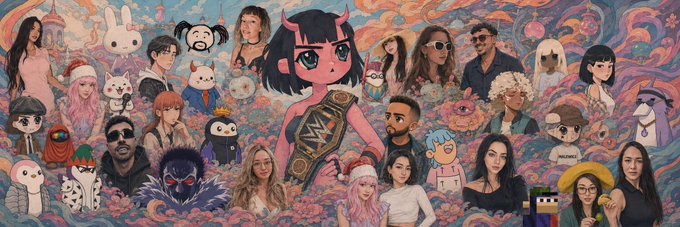 A colorful illustrated collage featuring a central anime-style girl with a championship belt surrounded by numerous other illustrated characters and photos of people in a vibrant psychedelic background.