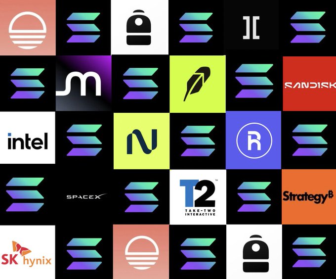 A grid of company logos interspersed with the Solana (SOL) cryptocurrency logo, including recognizable brands like Intel, Sandisk, SpaceX, Take-Two Interactive, StrategyB, SK hynix, and others.
