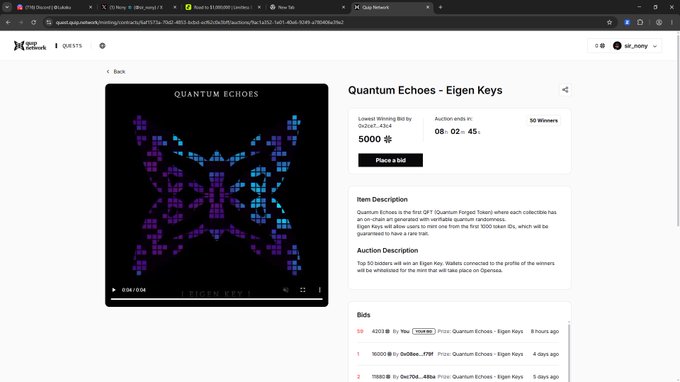 Quantum Network marketplace page showing a 'Quantum Echoes - Eigen Keys' NFT auction ending in 8d:02:45:00h, lowest winning bid 5000 $QU with 50 winners.