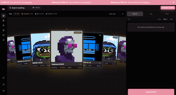 A screenshot of the FWA V2 NFT marketplace interface showing pixel-art character collectibles, with the highlighted card displaying 'Argonaut #2015' in 'Legendary' rarity.