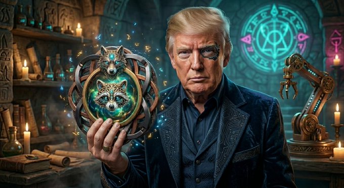 This mystical image of Donald Trump holding a circular artifact with animal motifs appears to be a visual representation for a cryptocurrency airdrop promoting a token called $TPI. The image's theme of magic and the mysterious artifact hint at the elusive nature of digital assets and the promise of significant gains.