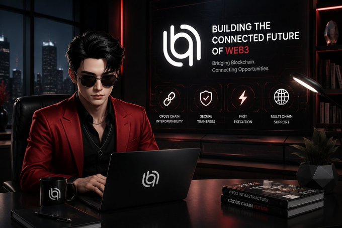 A man in a red blazer and sunglasses sits at a desk with a ‘b’‑logo laptop, mug and books titled “WEB3 INFRASTRUCTURE” and “CROSS CHAIN FUTURE,” while a screen behind him reads “BUILDING THE CONNECTED FUTURE OF WEB3” and shows icons for cross‑chain interoperability, secure transfers, fast execution and multi‑chain support. It visualizes the post’s claim that cross‑chain technology is reshaping digital asset ownership across blockchain ecosystems.