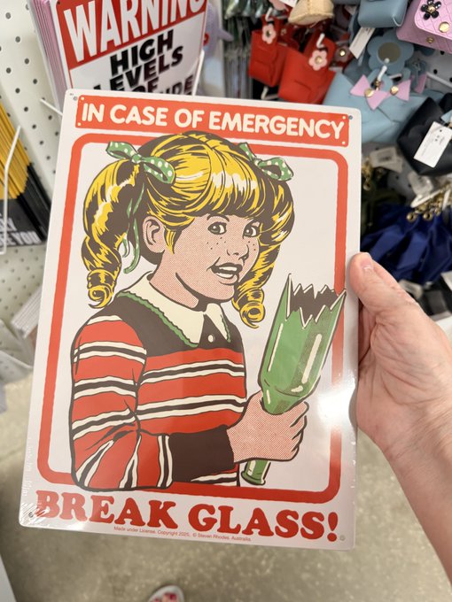 A hand holding a novelty sign in a store featuring a vintage illustration of a blonde girl in a striped dress holding a broken vase, with text reading 'IN CASE OF EMERGENCY BREAK GLASS!'
