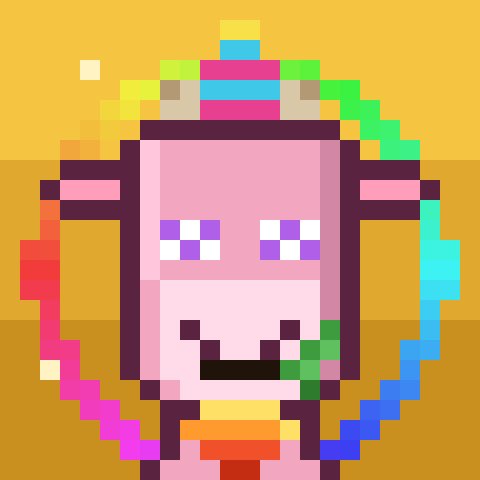 A pixel art character with a pink face, purple eyes, colorful rainbow hair accessories, and a green leaf in its mouth against a yellow background.