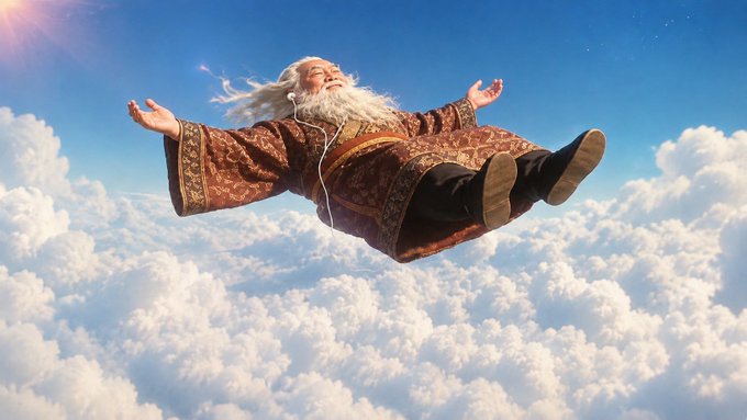 An image shows an elderly man with a long white beard, wearing patterned robes, appearing to fly or float joyfully through a sky filled with white clouds, wearing earphones.