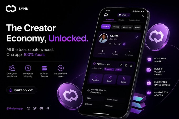 An advertisement for LYNK displaying 'The Creator Economy, Unlocked' with the tagline 'All the tools creators need. One app. 100% Yours,' highlighting features like monetization, built-in wallet, and encrypted spaces, with the website lynkapp.xyz.