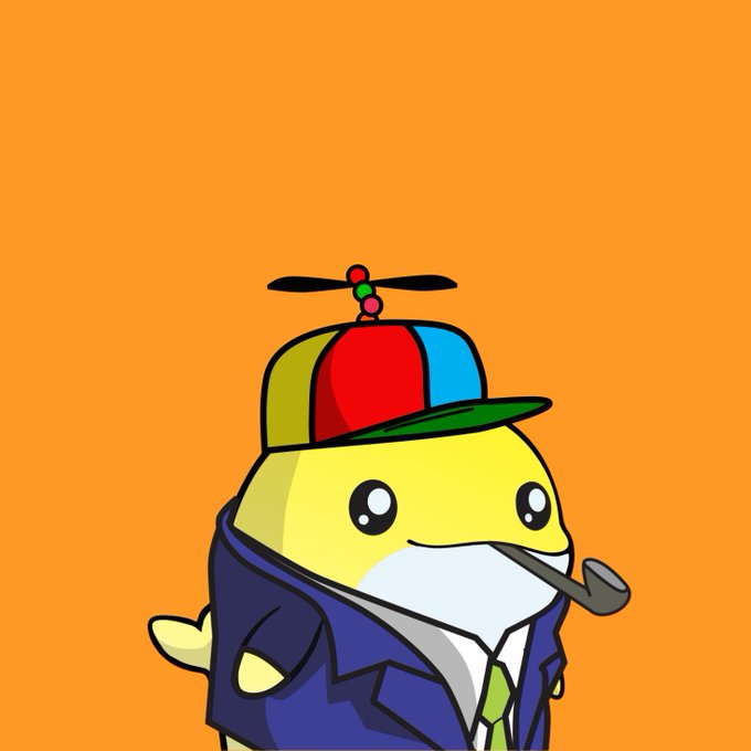 A cartoon duck-like character wearing a propeller beanie cap, a blue suit jacket, and a green tie while holding a pipe against an orange background.