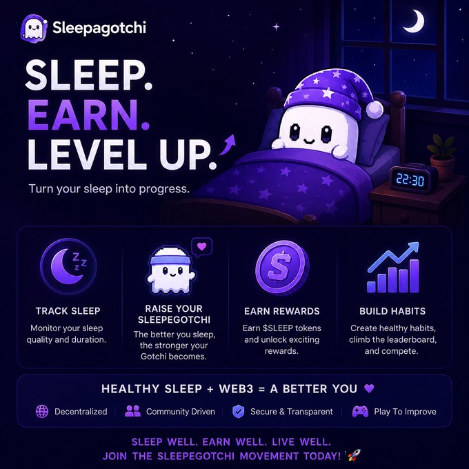 The image features a cartoon character, likely a white ghost or owl, sitting on top of a bed with a purple comforter. The background of the image is dark blue, which contrasts with the white character and the purple comforter. There are several text elements in the image that provide information about the sleep app being advertised. These include descriptions such as "Good Night X Family Sleep isn't just rest anymore.", "With @sleepagotchi sleep becomes progress", "Track sleep. Build better habits. Level up your journey. Healthy routines + Web3 combination worth watching Who's still grinding while". The image also includes a clock and an alarm, which are likely used to track the user's sleeping patterns and wake them up at specific times.