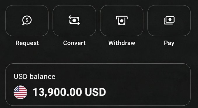 A digital payment or crypto platform interface with options to Request, Convert, Withdraw, and Pay, showing a USD balance of 13,900.00 USD.